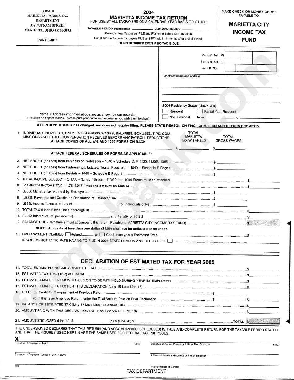 Form Fr - 2004 Marietta Income Tax Return - Ohio