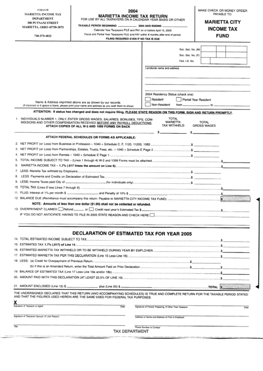 Form Fr - 2004 Marietta Income Tax Return - Ohio Printable pdf