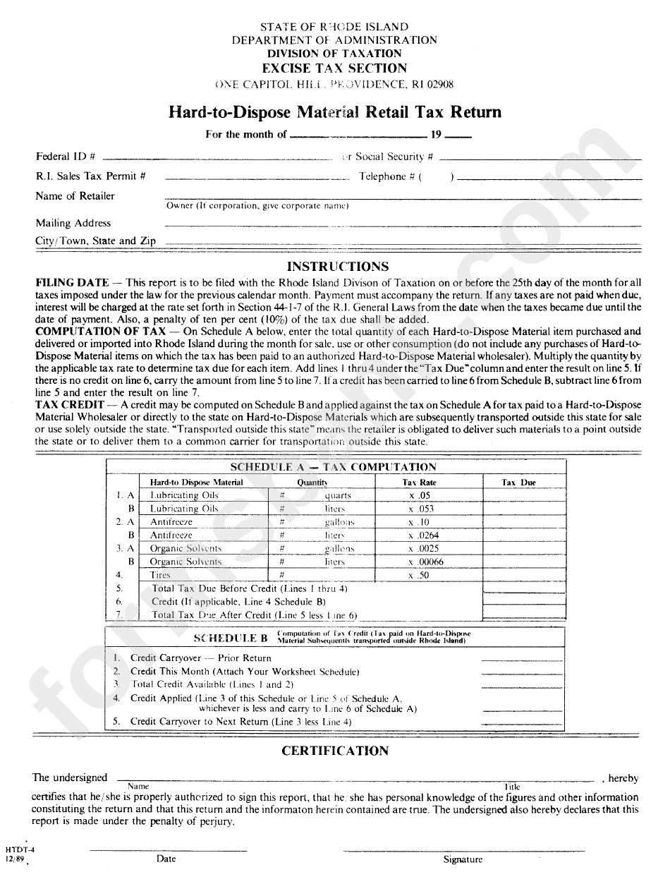 Form Htdt-4 - Hard-To-Dospose Material Retail Tax Return