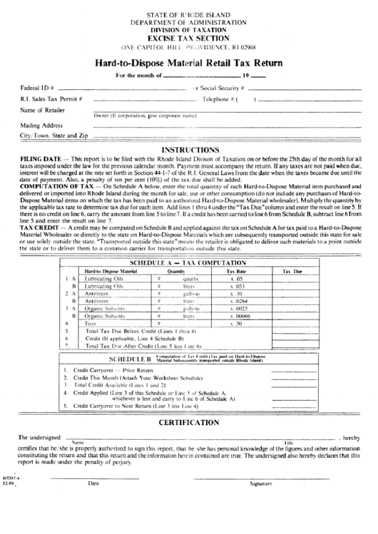 Form Htdt-4 - Hard-To-Dospose Material Retail Tax Return Printable pdf