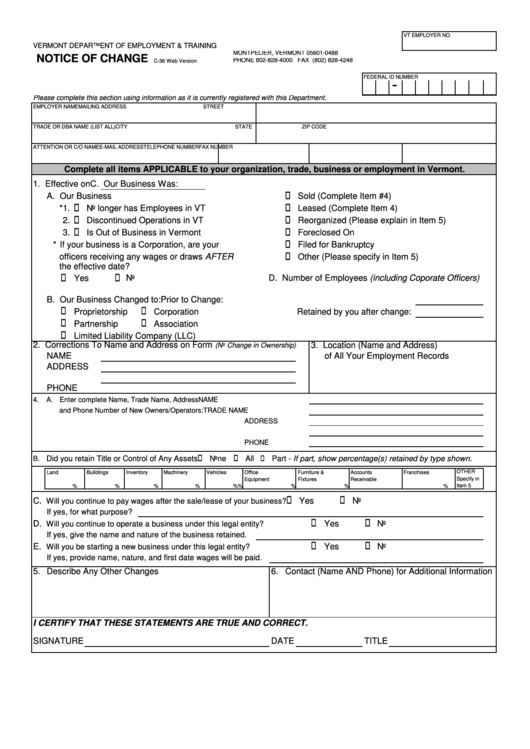 Form C-36 - Notice Of Change Form - Vermont Department Of Employment & Training Printable pdf