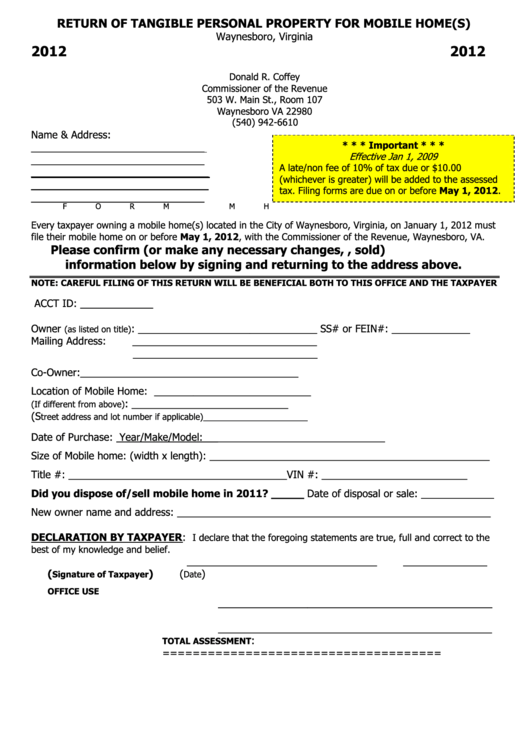 Form Mh - Return Of Tangible Personal Property For Mobile Home(S) - 2012 Printable pdf