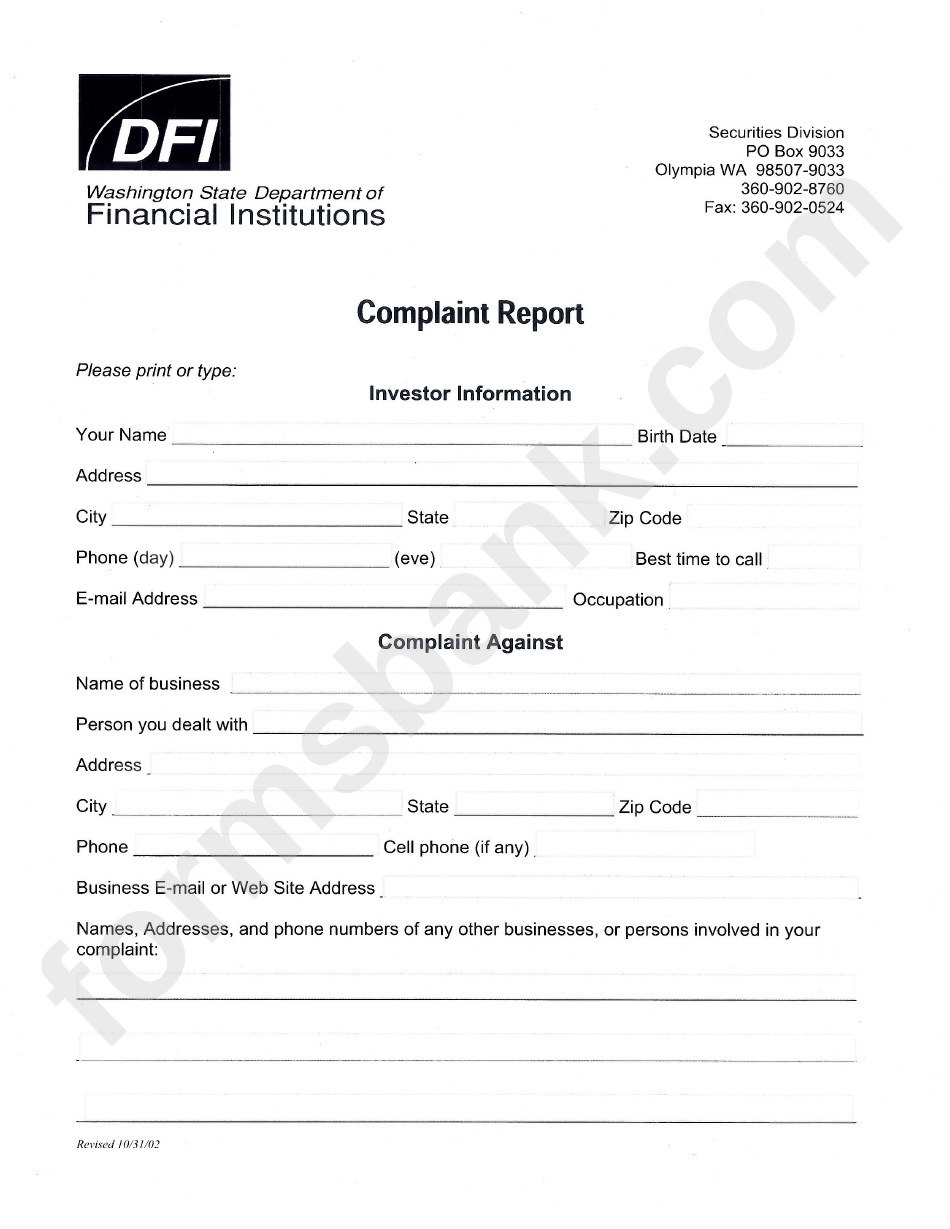 Complaint Report - Washington State Department Of Financial Institutions