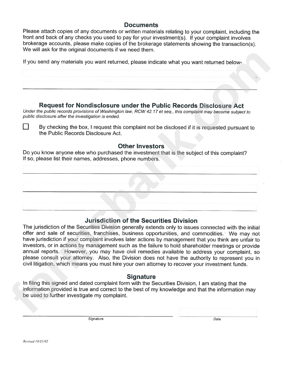 Complaint Report - Washington State Department Of Financial Institutions