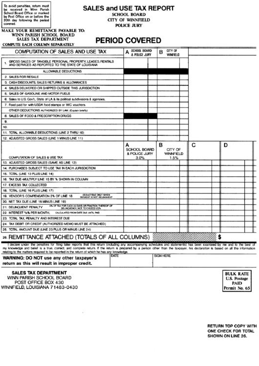 Sales And Use Tax Report - City Of Winnfield Printable pdf