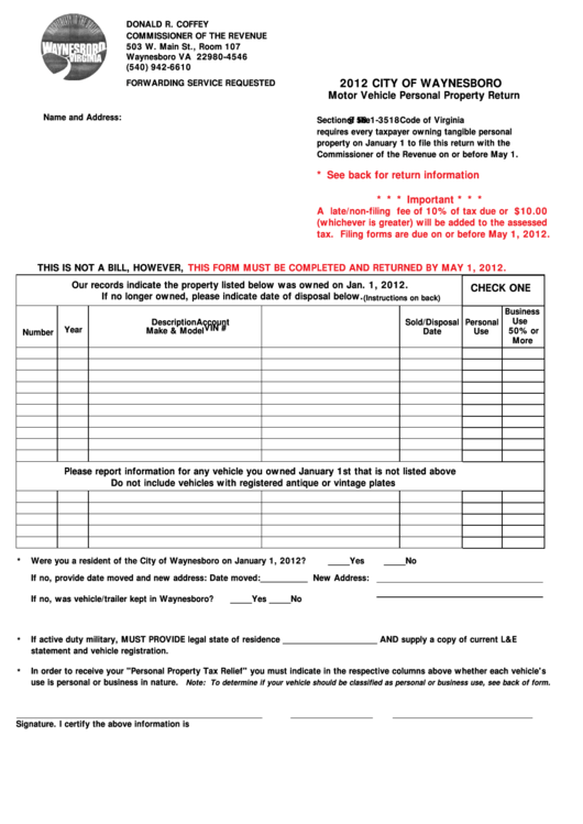 Motor Vehicle Personal Property Return Form - City Of Waynesboro - 2012 Printable pdf