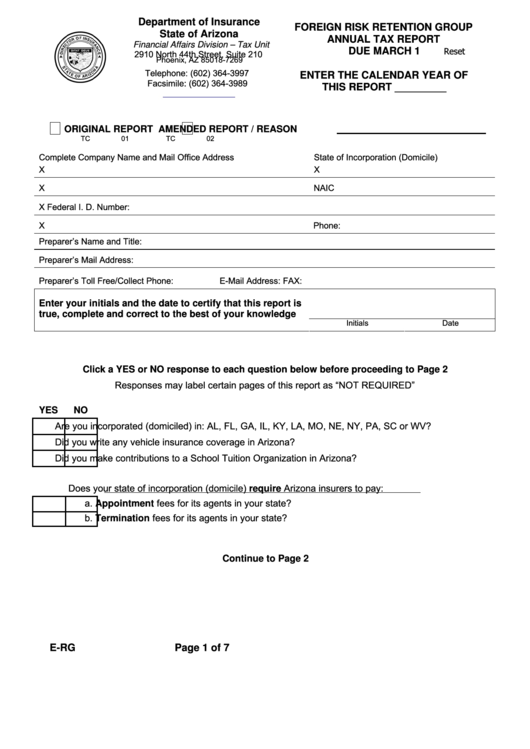 Fillable Form E-Rg - Foreign Risk Retention Group Annual Tax Report Printable pdf