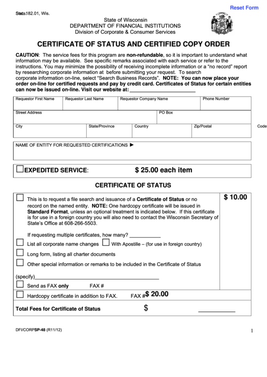 Fillable Form Dfi/corpsp-48 - Certificate Of Status And Certified Copy Order - Wisconsin Department Of Financial Institutions Printable pdf