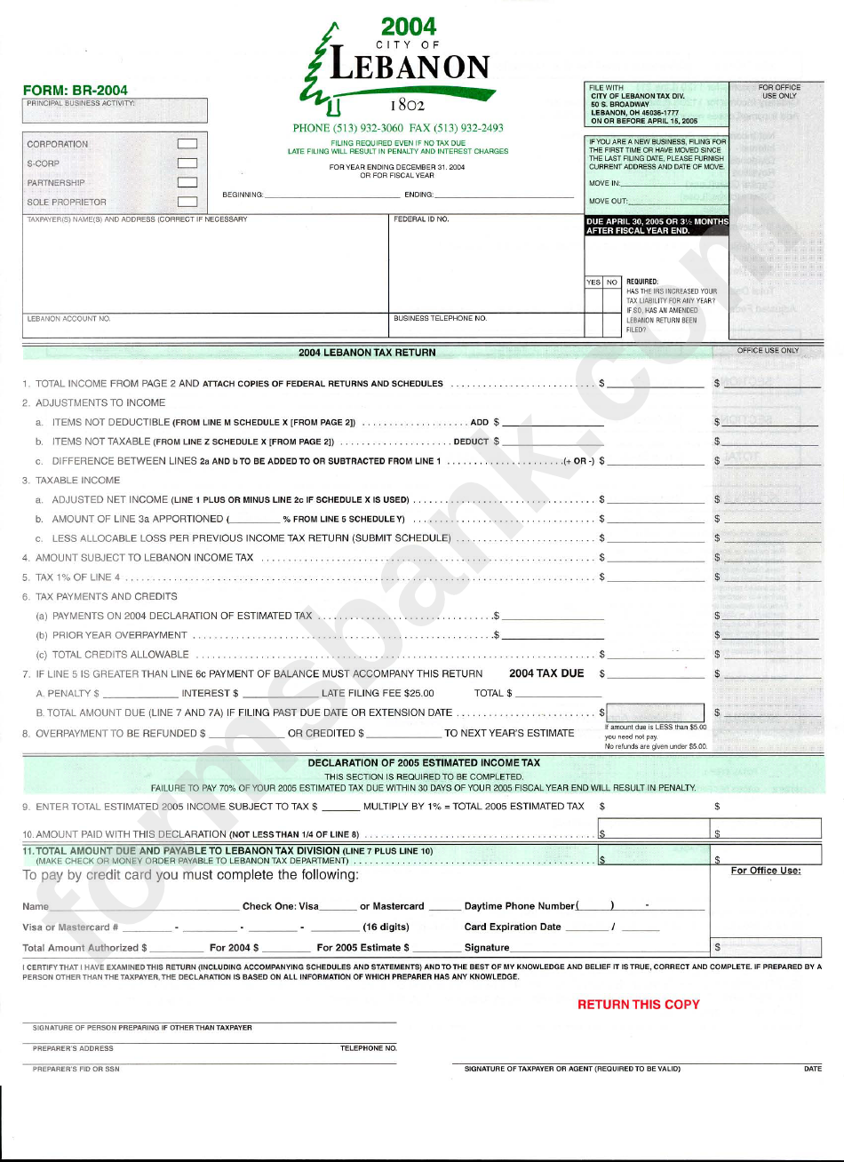 Form Br-2004 - Lebanon Tax Return - Ohio