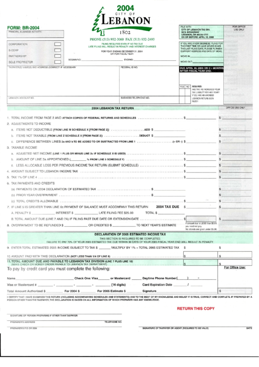 Form Br-2004 - Lebanon Tax Return - Ohio Printable pdf