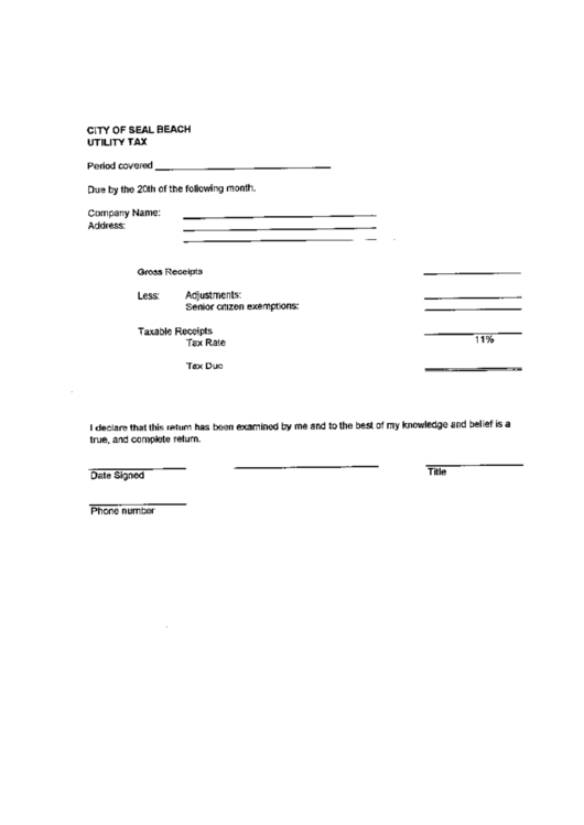 Utility Tax Form - City Of Seal Bbeach Printable pdf
