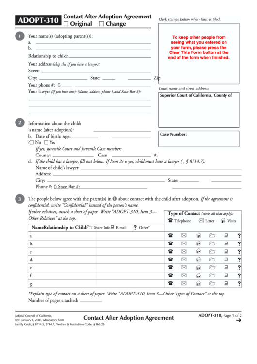 Fillable Form Adopt-310 - Contact After Adoption Agreement - California Judicial Council Printable pdf