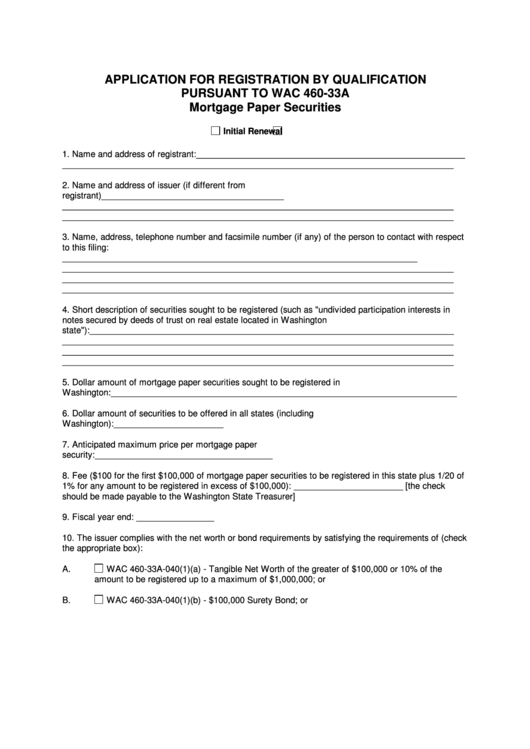 Fillable Application For Registration By Qualification Pursuant To Wac 460-33a - Mortgage Paper Securities Printable pdf