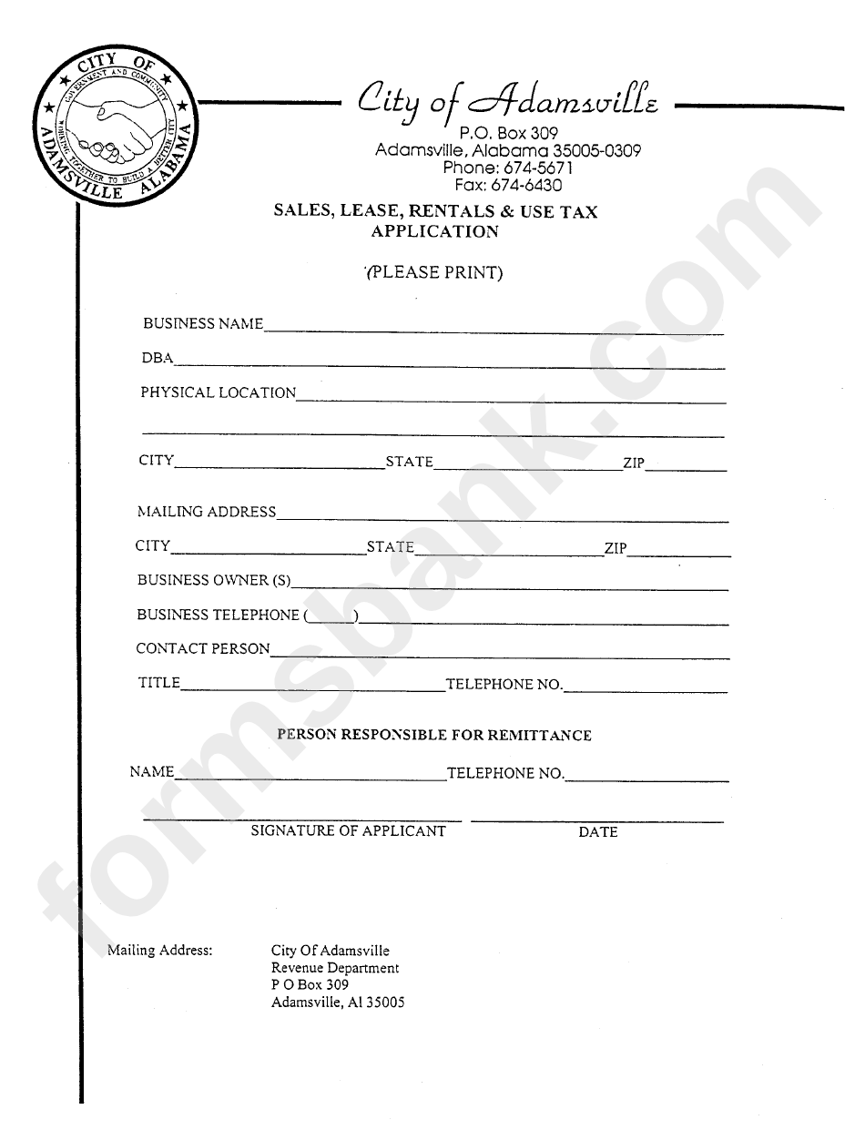 Sales, Lease, Rentals And Use Tax Application Form - City Of Adamsville