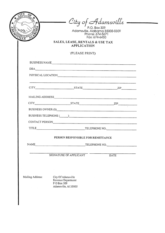 Sales, Lease, Rentals And Use Tax Application Form - City Of Adamsville Printable pdf