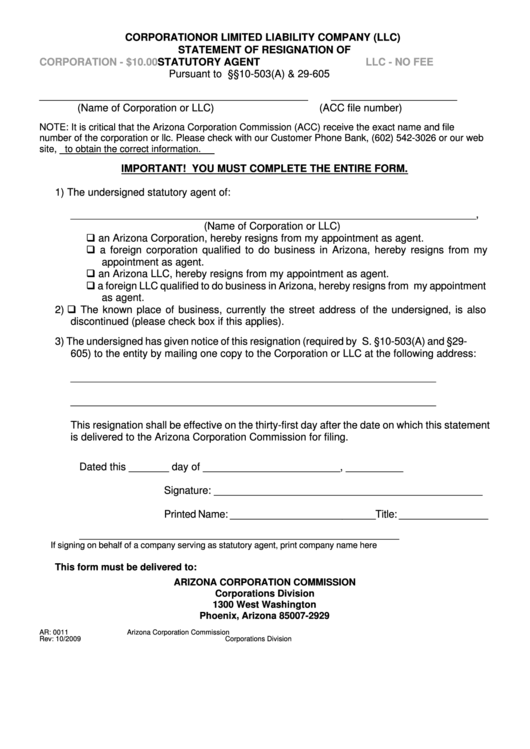 Form Ar: 0011 - Corporation Or Limited Liability Company (Llc) Statement Of Resignation Of Statutory Agent - Arizona Corporation Commission Printable pdf