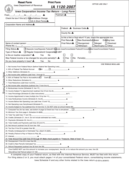 Fillable Form Ia 1120 - Iowa Corporation Income Tax Return - Long Form ...