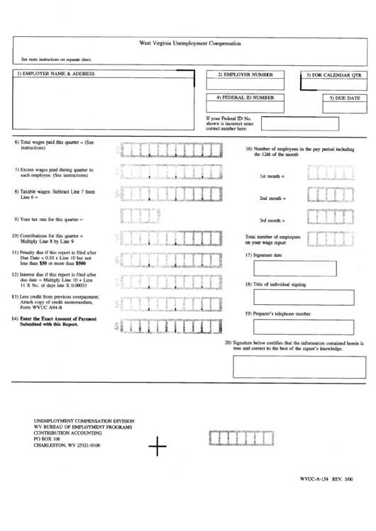 Fillable Form Wvuc-A-154 - Unemployment Compensation Form - West Virginia Printable pdf