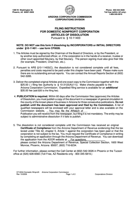 Form Cf:0034 - Articles Of Dissolution Domestic Nonprofit Corporation Printable pdf