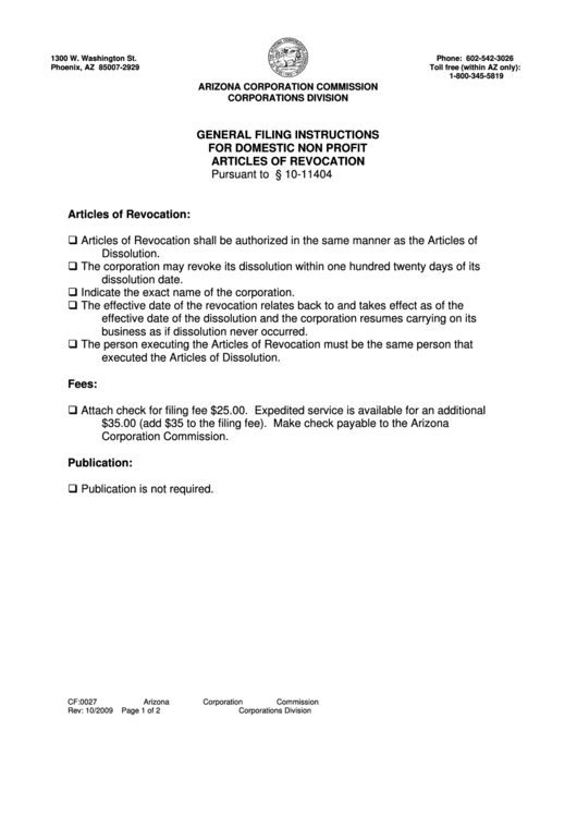 Form Cf:0027 - Articles Of Revocation Of Articles Of Dissolution Domestic Non Profit Printable pdf