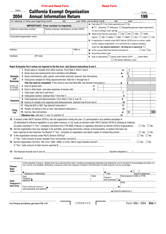 Fillable Form 199 - California Exempt Organization Annual Information Return - 2004 Printable pdf