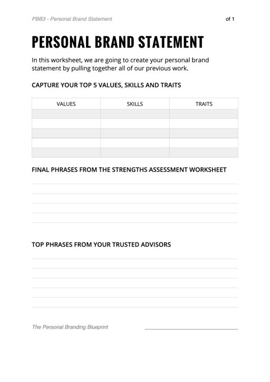 Personal Brand Statement Worksheet Printable pdf