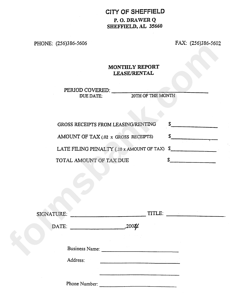 Monthly Report Lease/rental Form - City Of Sheffield