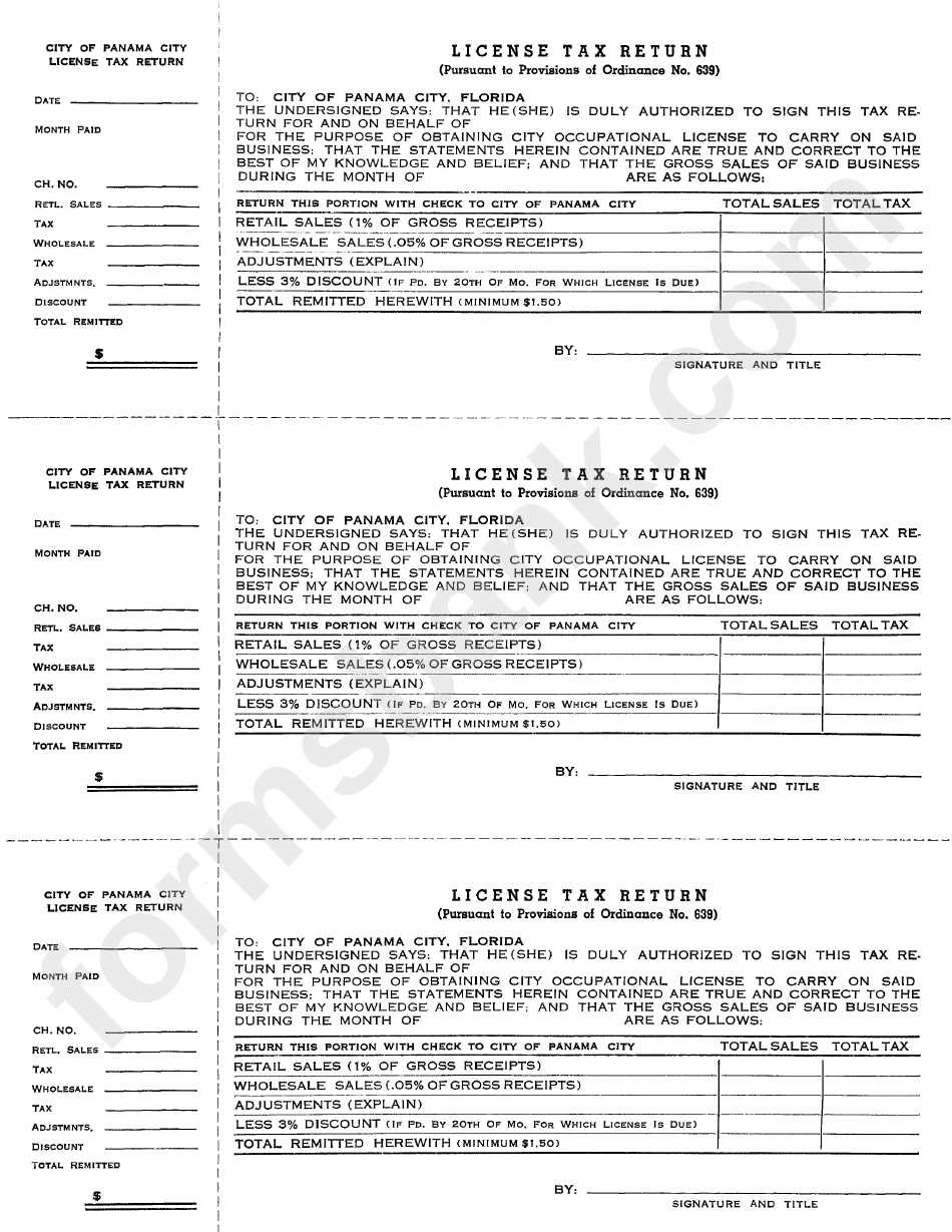 License Tax Return Form - City Of Panana City