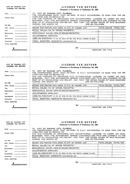 License Tax Return Form - City Of Panana City Printable pdf