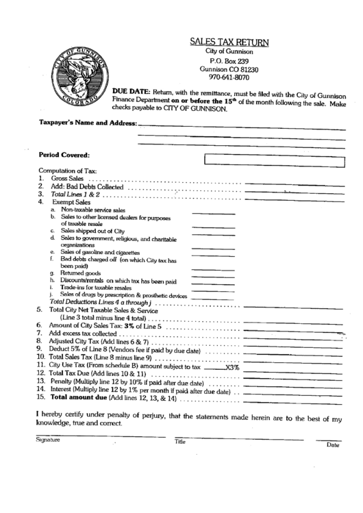 Sales Tax Return Form - City Of Gunnison Printable pdf