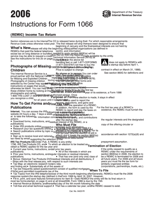 Instructions For Form 1066 - U.s. Real Estate Mortgage Investment Conduit (Remic) Income Tax Return - 2006 Printable pdf