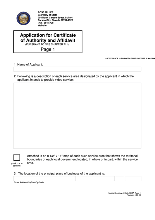 Fillable Application For Certificate Of Authority And Affidavit Printable pdf