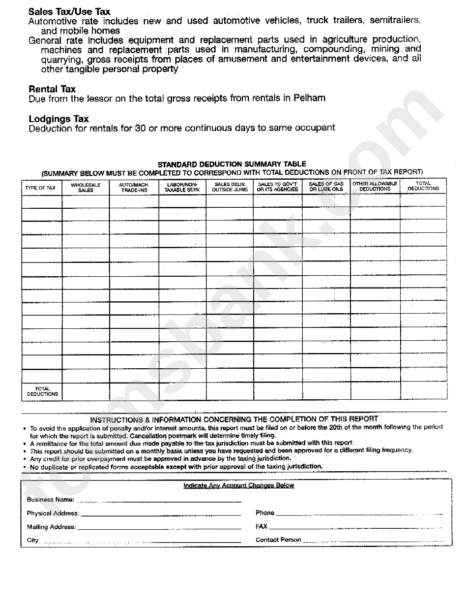 Lodgings, Sales, Use And Rental Tax Report Form - City Of Pelham