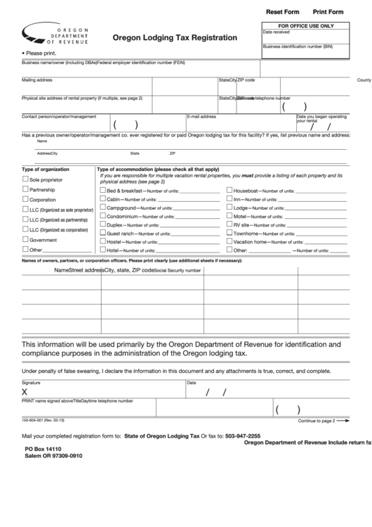 Fillable Form 150-604-001 - State Of Oregon Lodging Tax Registration - 2013 Printable pdf