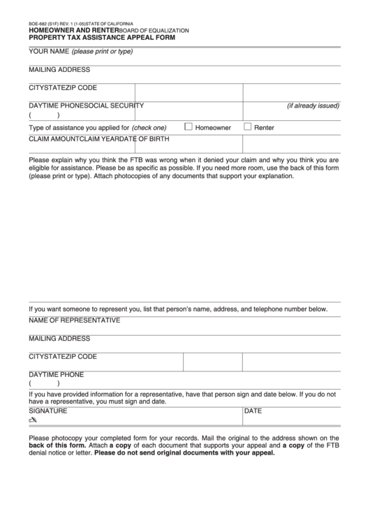 Fillable Form Boe-682 - Homeowner And Renter - Property Tax Assistance Appeal Form - California Printable pdf