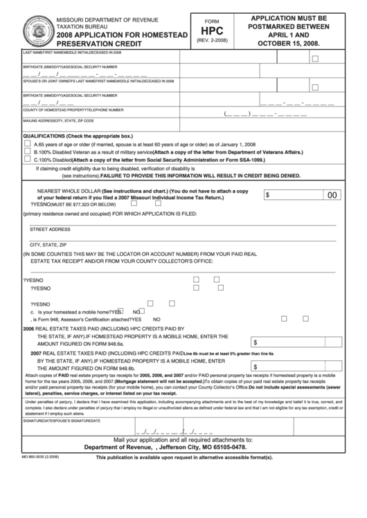 Fillable Form Hpc - Application For Homestead Preservation Credit Printable pdf