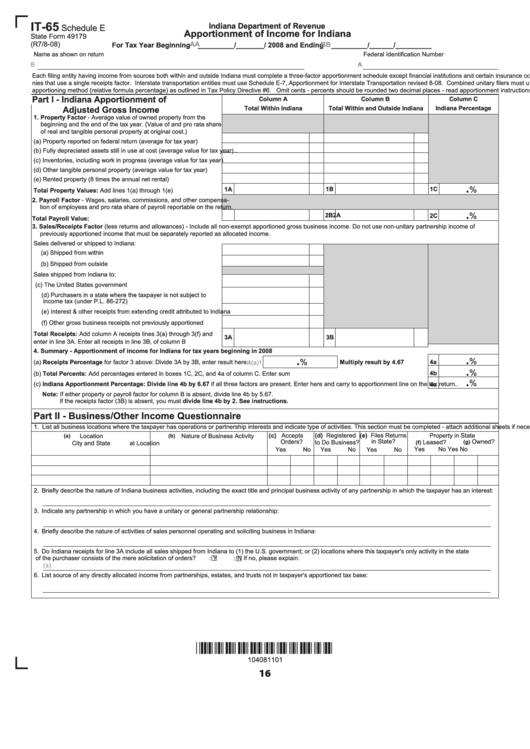 Form It-65 - Schedule E - Apportionment Of Income For Indiana Printable pdf