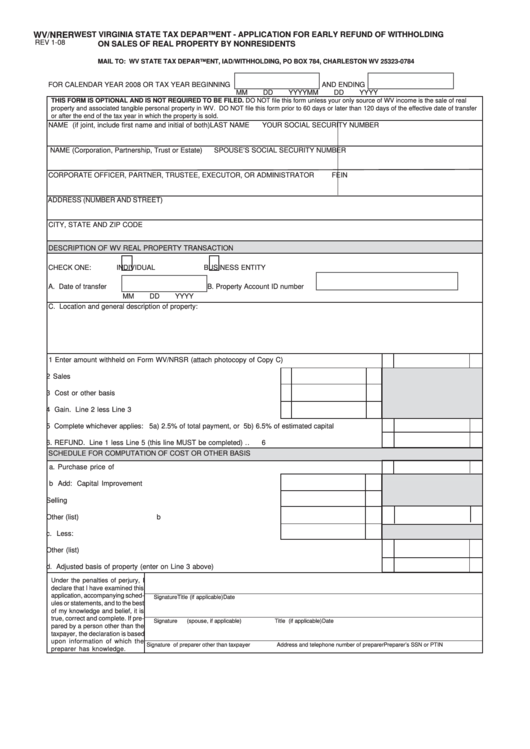 Form Wv/nrer - Application For Early Refund Of Withholding On Sales Of Real Property By Nonresidents Printable pdf
