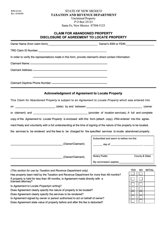 Form Rpd-41343 - Claim For Abandoned Property Disclosure Of Agreement To Locate Property Printable pdf