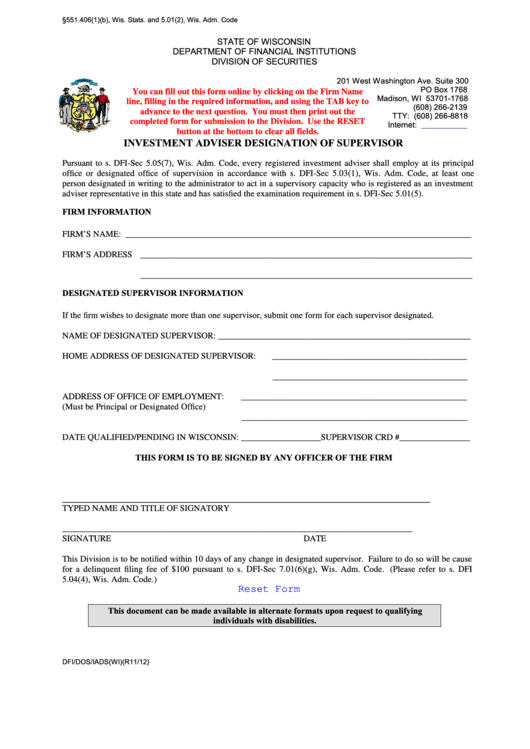 Fillable Investment Adviser Designation Of Supervisor Form (2012