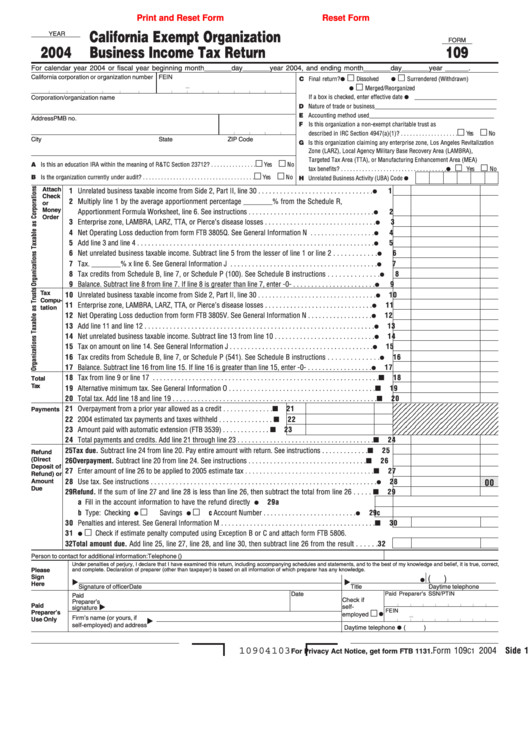 Fillable Form 109 - California Exempt Organization Business Income Tax Return - 2004 Printable pdf