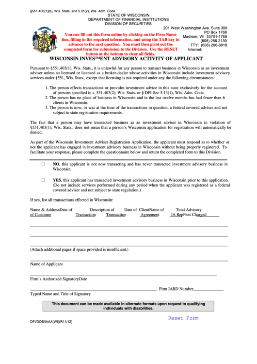 Fillable Form Dfi/dos/iaaa(Wi) - Wisconsin Investment Advisory Activity Of Applicant - 2012 Printable pdf