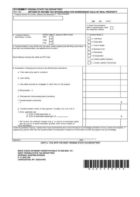 Form Wv/nrsr - Return Of Income Tax Withholding For Nonresident Sale Of Real Property Printable pdf
