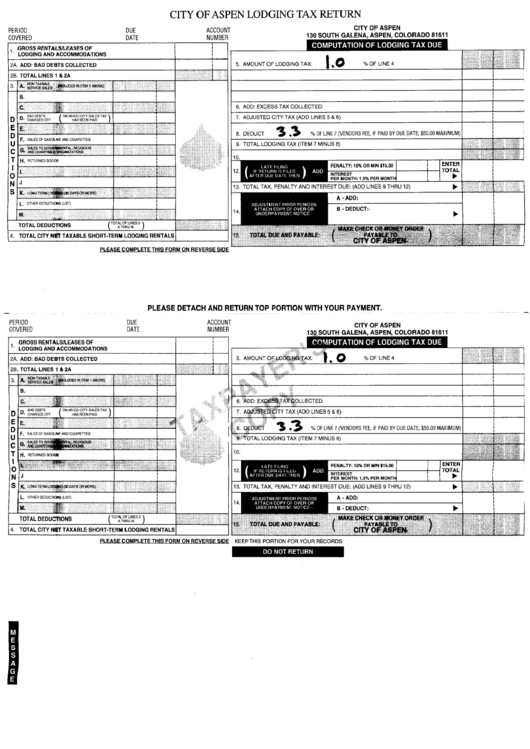 Lodging Tax Return Form - City Of Aspen Printable pdf