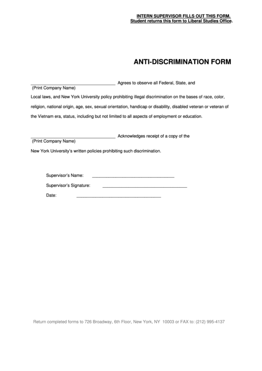 Anti-Discrimination Form - State Of New York Printable pdf