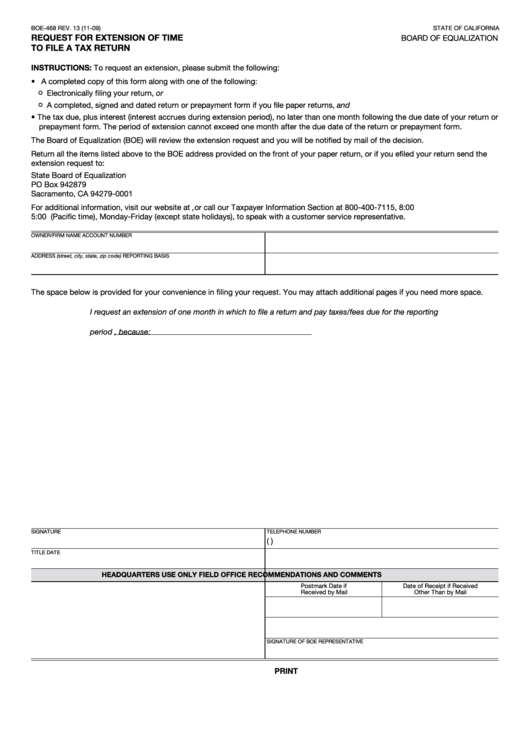 Fillable Form Boe-468 - Request For Extension Of Time To File A Tax Return Printable pdf