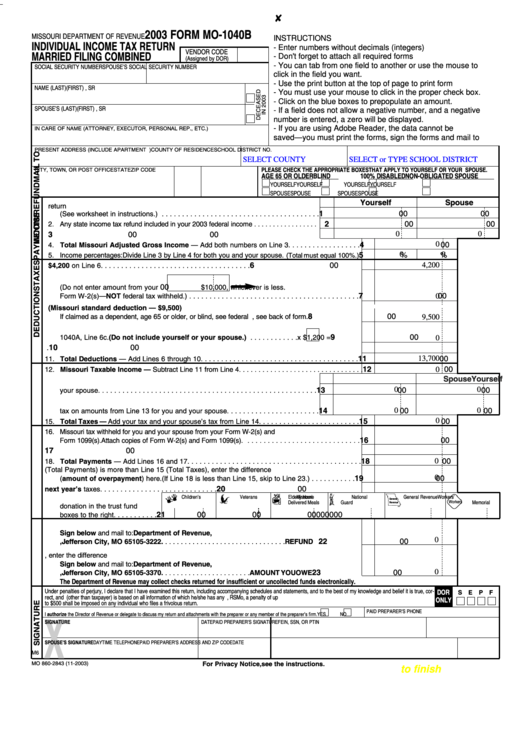 Fillable Form Mo-1040b - Individual Income Tax Return Married Filing Combined - 2003 Printable pdf