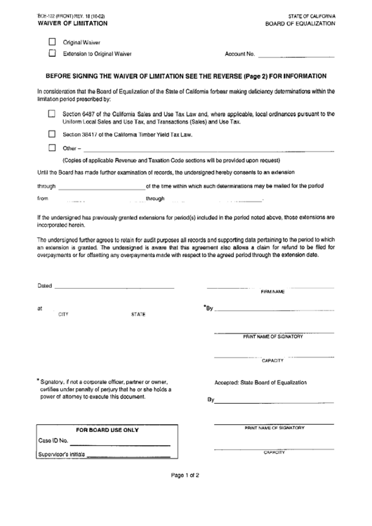 Form Boe-122 - Waiver Of Limitation Printable pdf
