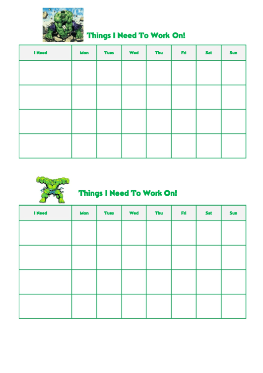 Things I Need To Work On Behaviour Chart - Green Hulk Printable pdf