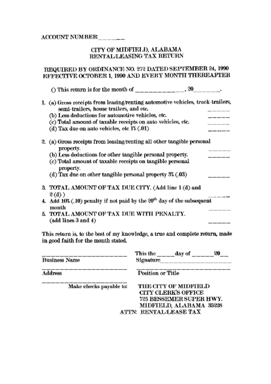 Rental/leasing Tax Return Form - City Of Midfield Printable pdf